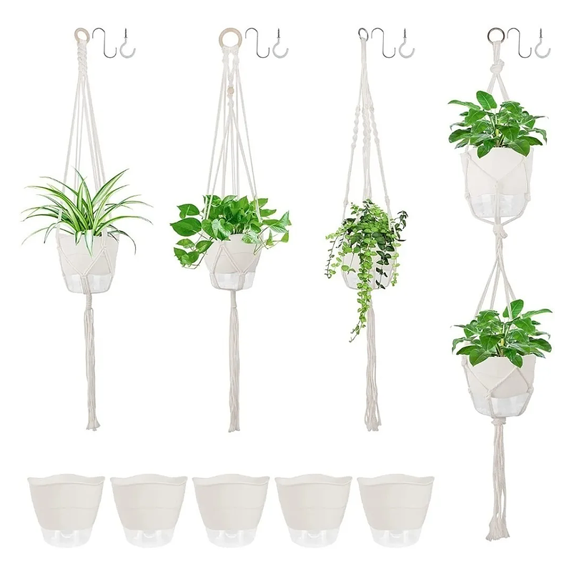 Juego Macetas x5 Unidades Auto Riego Más 4 Macramé 1