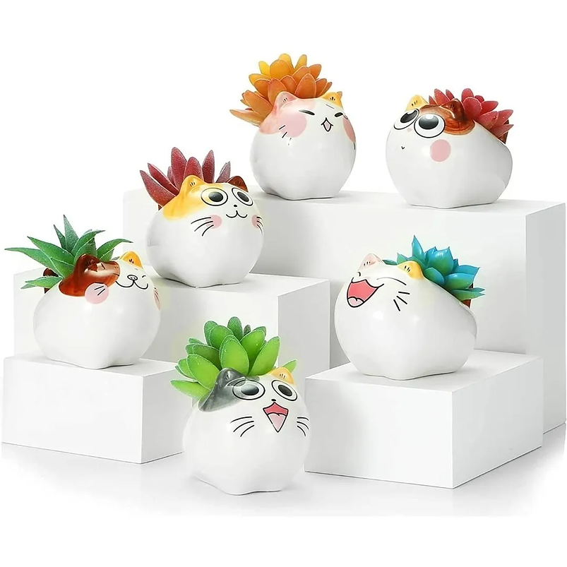 Juego Macetas Cerámica Premium Diseño Little Cats x6 Unidades  1