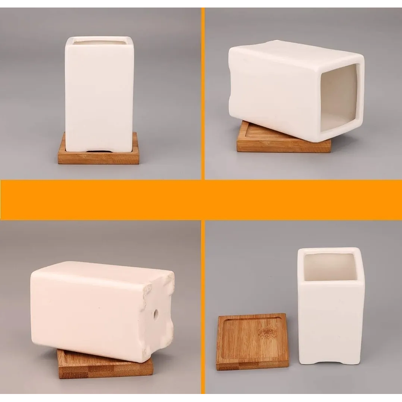 Juego De Macetas Cerámica Fina x8 Unidades Más platillo Bambú  5