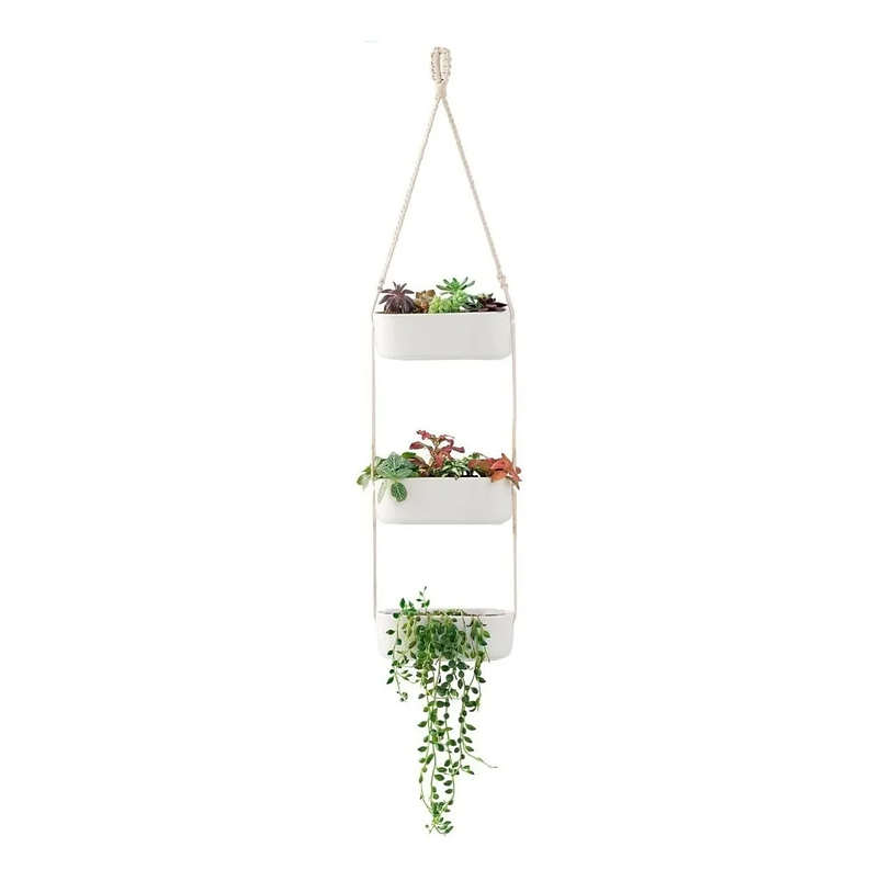 Maceta Cerámica Plantas 3 Niveles Rectangular Colgante Macrame  1