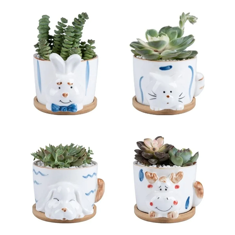 Juego Macetas x4 Cerámica Fina Diseño Animalitos Más plato Bambú 1