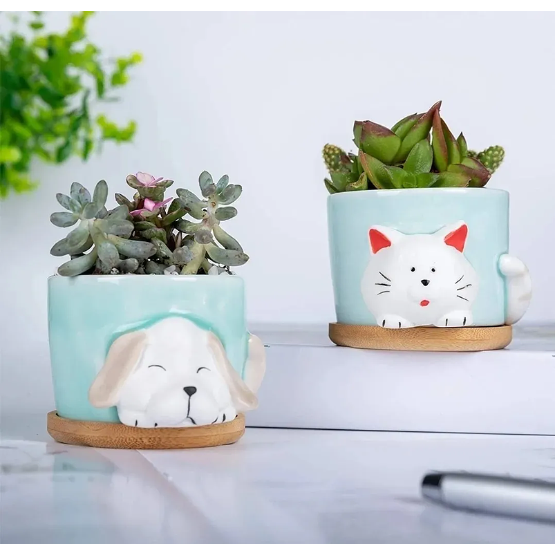 Juego Macetas x4 Cerámica Fina Diseño Animalitos Más plato Bambú 6