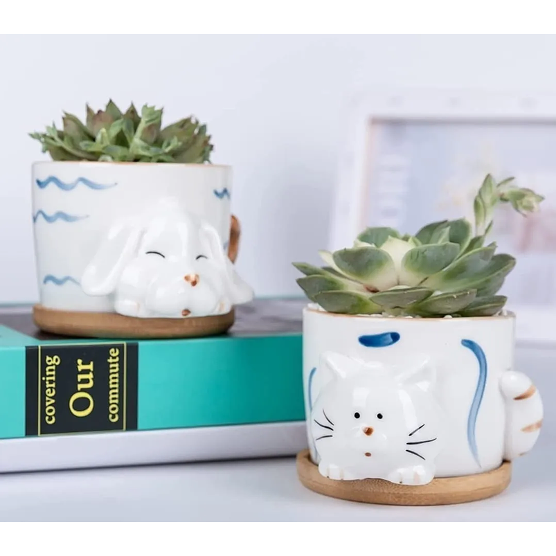 Juego Macetas x4 Cerámica Fina Diseño Animalitos Más plato Bambú 10