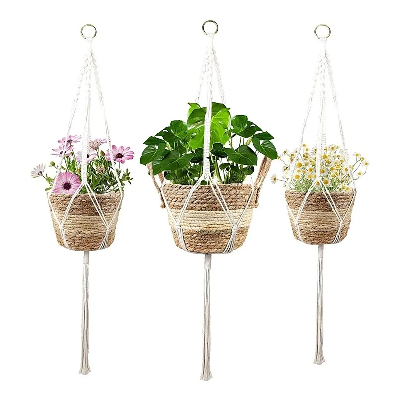 3 Macetas Fibra Natural Más Macramé Colgar Multitamaño 1
