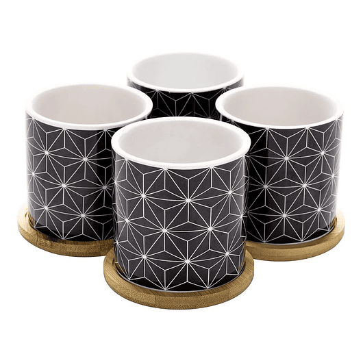 Juego Macetas Cerámica Fina x4 Unidades Más plato Bambú Suculentas 2