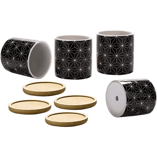 Juego Macetas Cerámica Fina x4 Unidades Más plato Bambú Suculentas 6