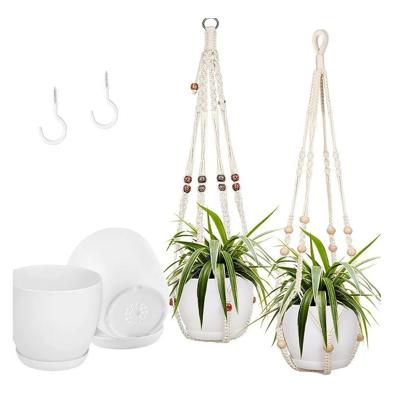 Juego De Macetas Macramé x2 Piezas Más 2 Plásticas y gancho 1