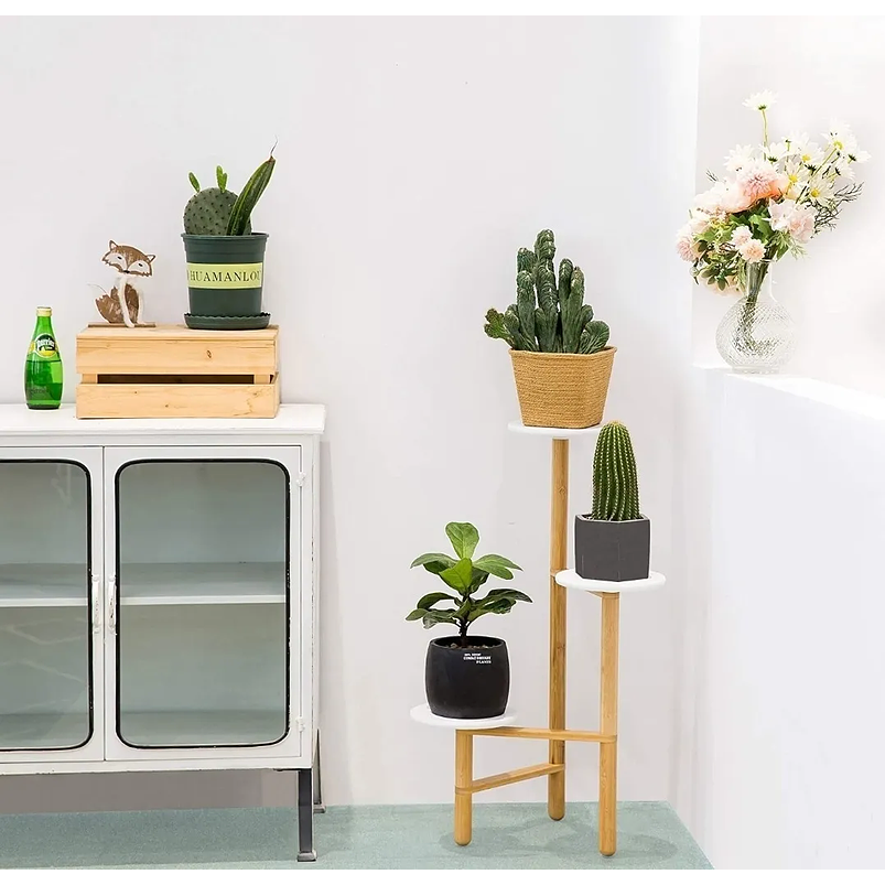 Soporte Macetas De Plantas En Bambú x3 Puestos Blanco 2