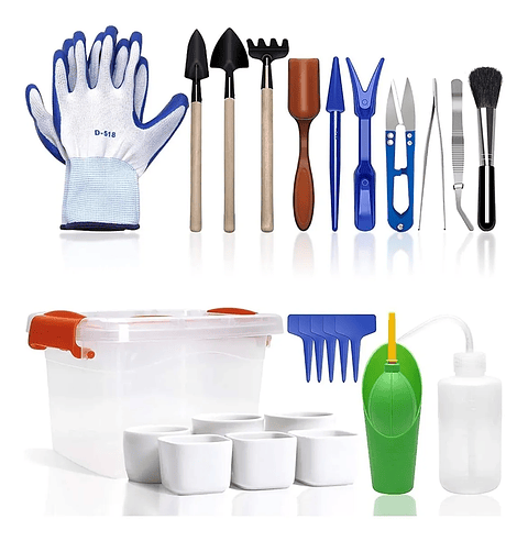 Kit Herramienta Siembra x21 piezas más macetas más 20 etiquetas más maleta plastica