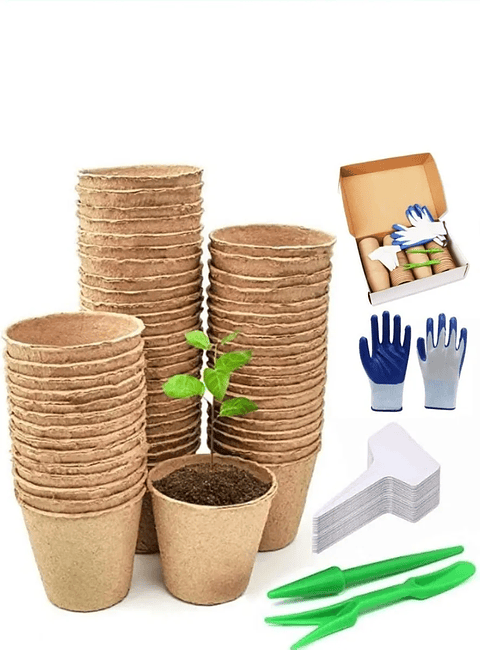 Kit Siembra Macetas Biodegradable x100 Más 20 Etiquetas Más 3 Herramientas