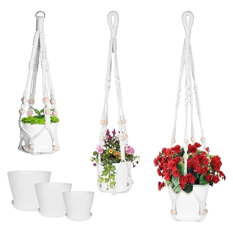 Juego Macramé x3 Unidades Más Macetas Plástica Colgar Hecho A Mano 1
