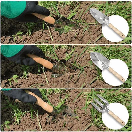 Kit Herramientas Jardín x5 más guantes Acero Inoxidable Mango Madera 3