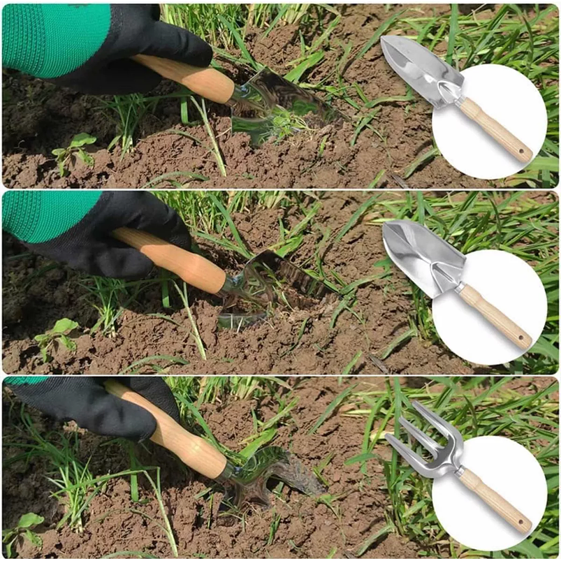 Kit Herramientas Jardín x5 más guantes Acero Inoxidable Mango Madera 3