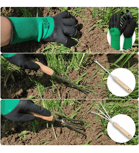 Kit Herramientas Jardín x5 más guantes Acero Inoxidable Mango Madera