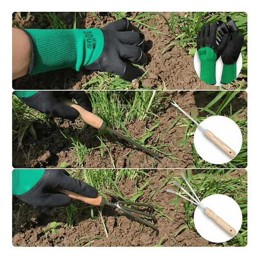 Kit Herramientas Jardín x5 más guantes Acero Inoxidable Mango Madera 2