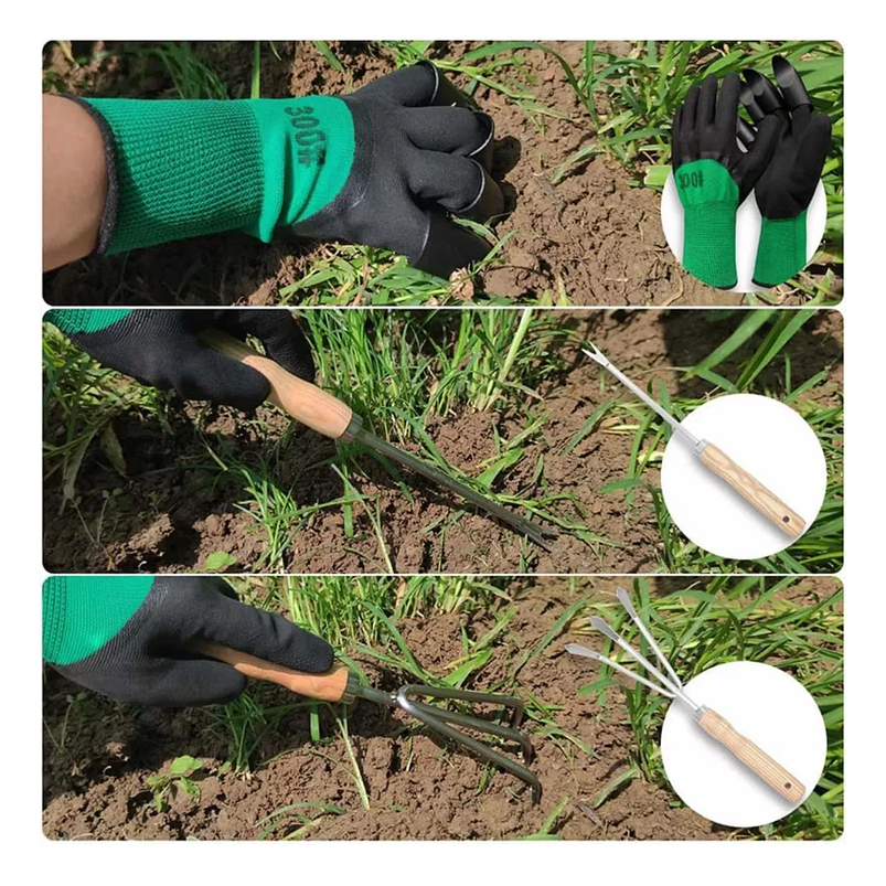 Kit Herramientas Jardín x5 más guantes Acero Inoxidable Mango Madera 2