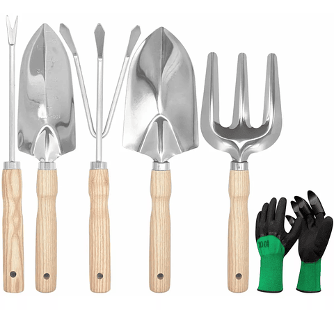 Kit Herramientas Jardín x5 más guantes Acero Inoxidable Mango Madera