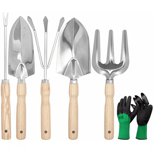 Kit Herramientas Jardín x5 más guantes Acero Inoxidable Mango Madera 1