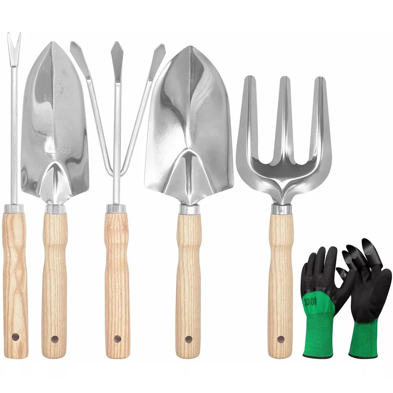 Kit Herramientas Jardín x5 más guantes Acero Inoxidable Mango Madera 1