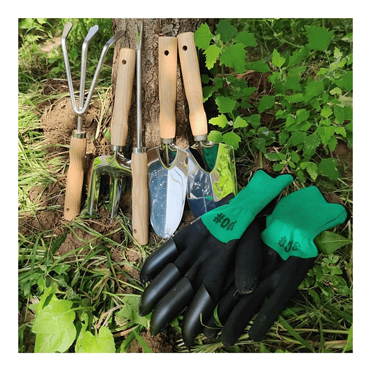 Kit Herramientas Jardín x5 más guantes Acero Inoxidable Mango Madera 5