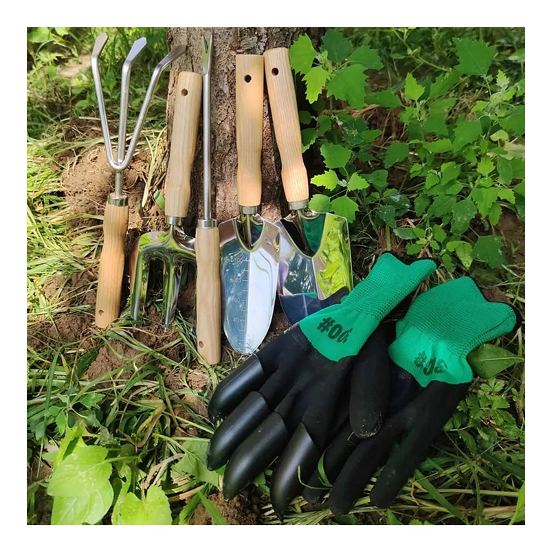 Kit Herramientas Jardín x5 más guantes Acero Inoxidable Mango Madera 5