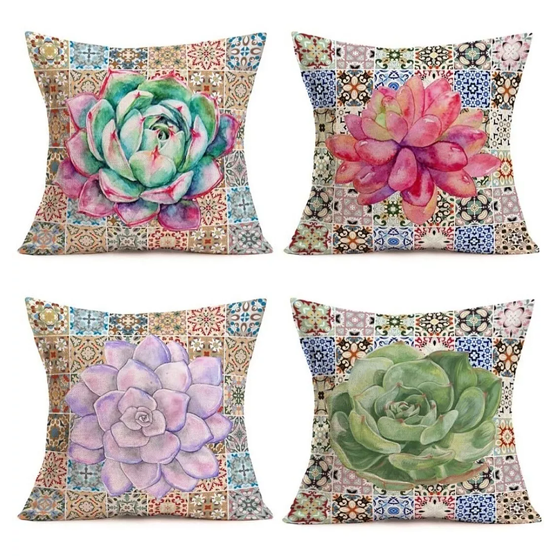 Juego x4 Funda Cojines Diseño Suculentas 45cm x 45cms Premium 1