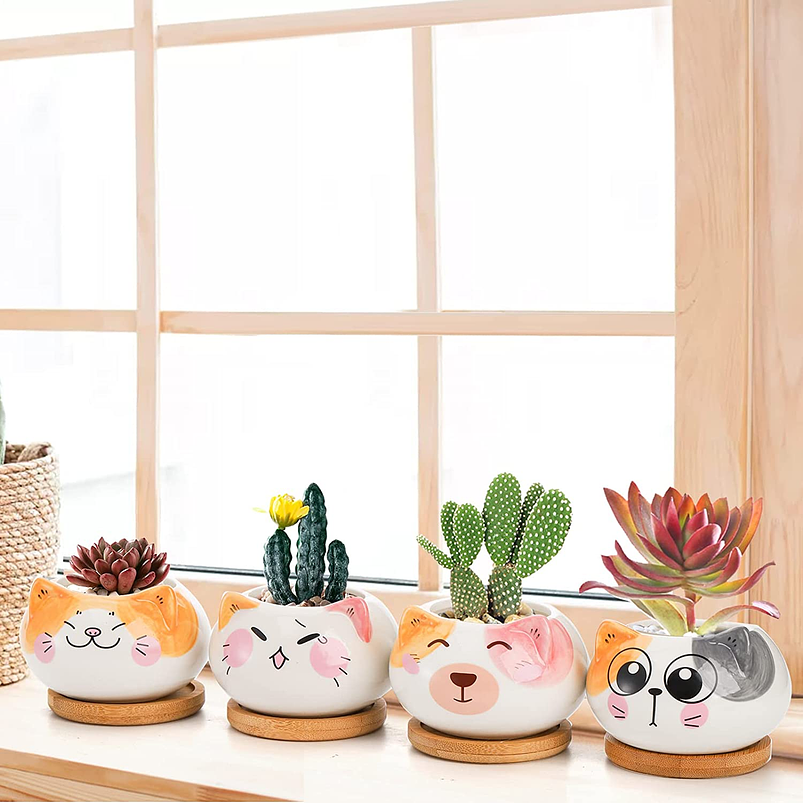 Juego Macetas x4 Unidades Cerámica Diseño Gatos 6cm Alto x9cm Largo 5