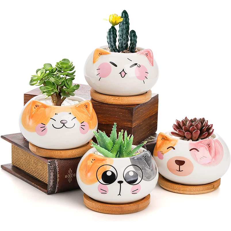 Juego Macetas x4 Unidades Cerámica Diseño Gatos 6cm Alto x9cm Largo 1