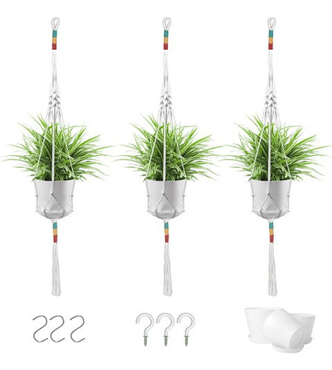 Juego Macetas Plástica x3 Unidades más 3 Macramé Colgar 91cm Largo
