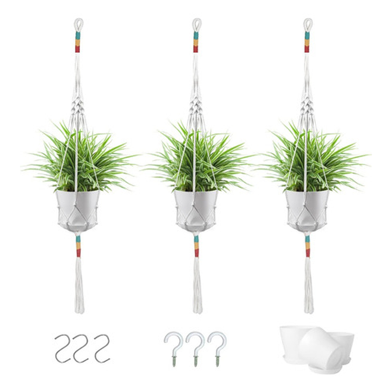 Juego Macetas Plástica x3 Unidades más 3 Macramé Colgar 91cm Largo 1