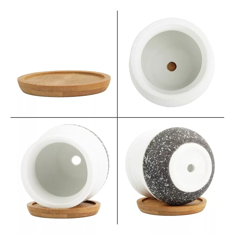 Juego Macetas X6unid Cerámica + Plato Bambú 6cmx6cm Suculeta 4