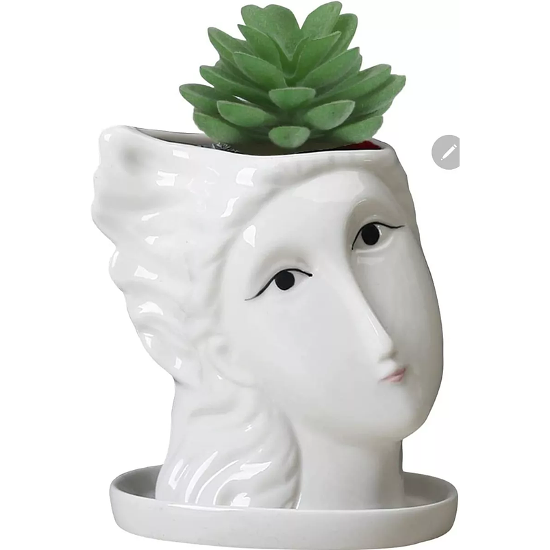 Maceta Ceramica Premium Rostro+plato Suculenta 9cmanx11cm Al Blanco 1