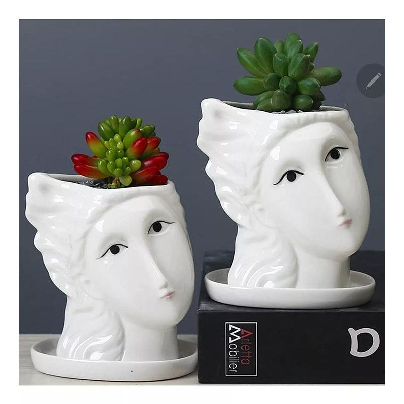 Maceta Ceramica Premium Rostro+plato Suculenta 9cmanx11cm Al Blanco 6