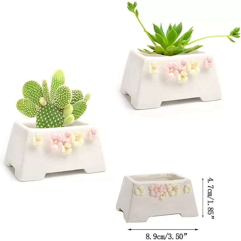 Juego Macetas De Cactus Y Suculentax4 Cerámica Diseño Flores 2