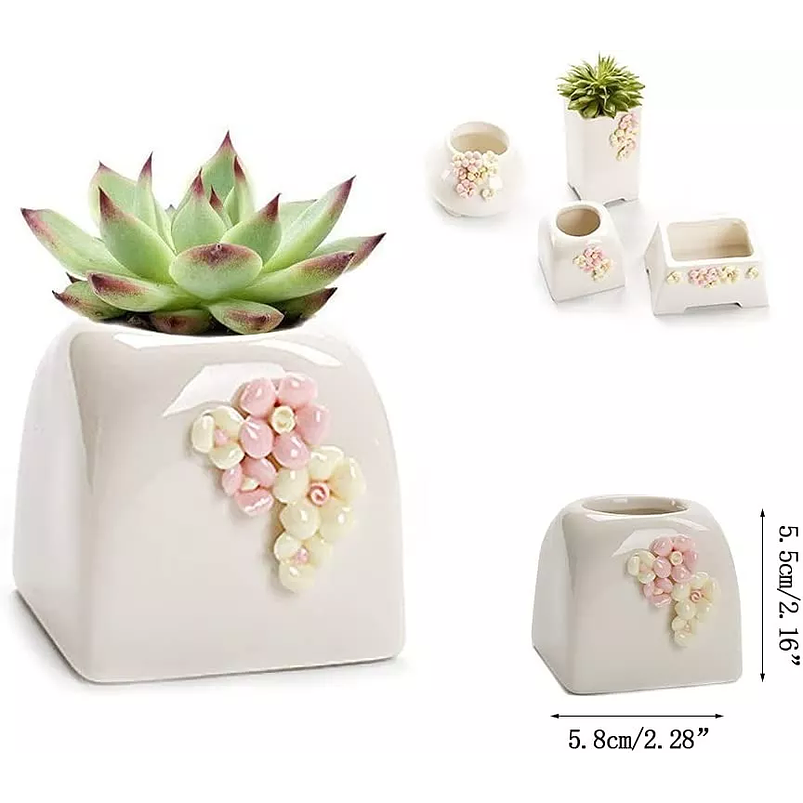 Juego Macetas De Cactus Y Suculentax4 Cerámica Diseño Flores 4