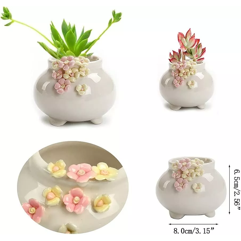 Juego Macetas De Cactus Y Suculentax4 Cerámica Diseño Flores 6