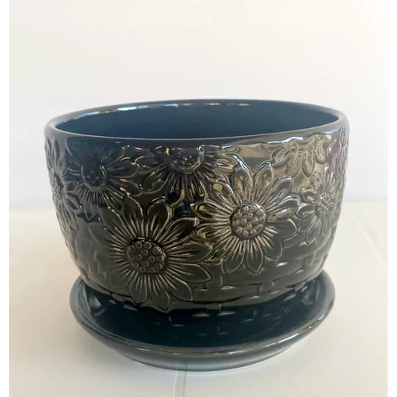 Matera De Plantas Redonda Grabada y plato 15cm Diam x12cm Alto 5