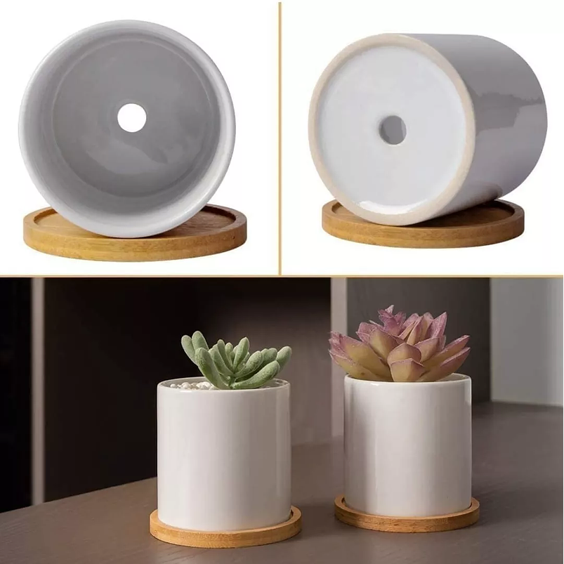 Maceta Cerámica Para Planta 8cm Diámetro x8cm Alto Más plato Bambú  2