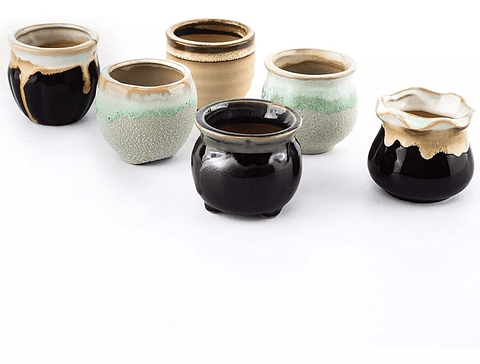 Juego Macetas Cerámica x6 Unidades más plato Bambu Diseño Clasico