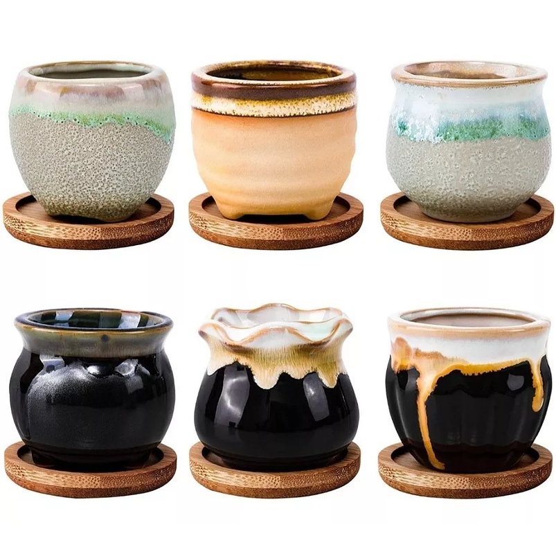 Juego Macetas Cerámica x6 Unidades más plato Bambu Diseño Clasico 3