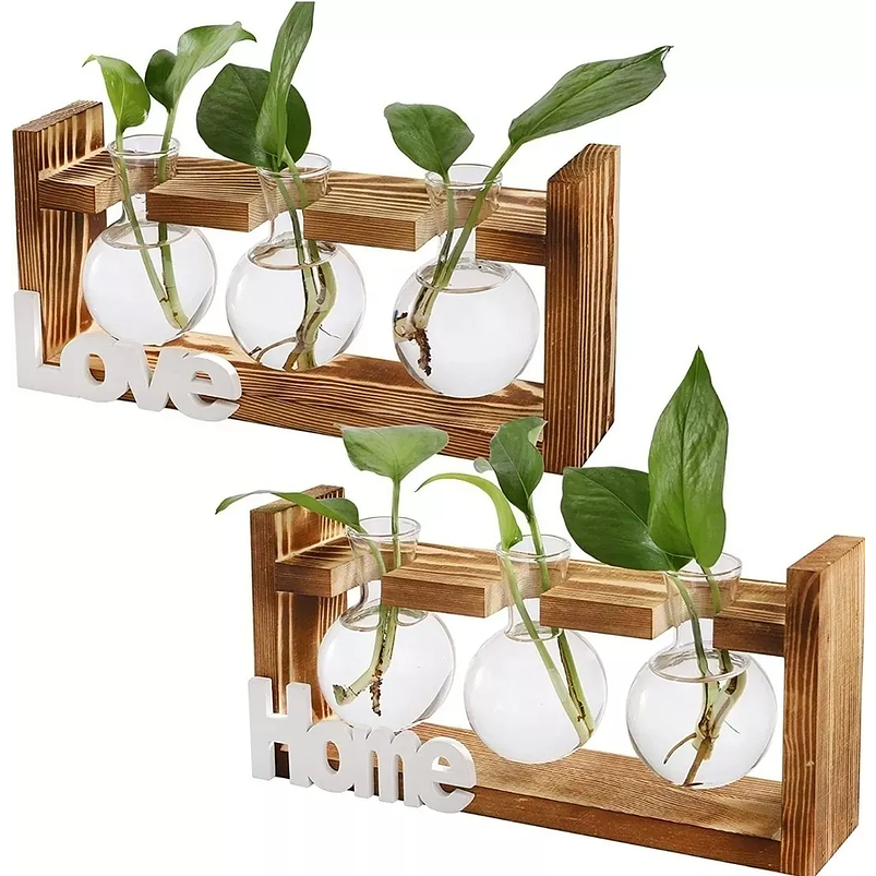 Soporte De Plantas En Madera Con3 Bombillas De Cristal Decor  1