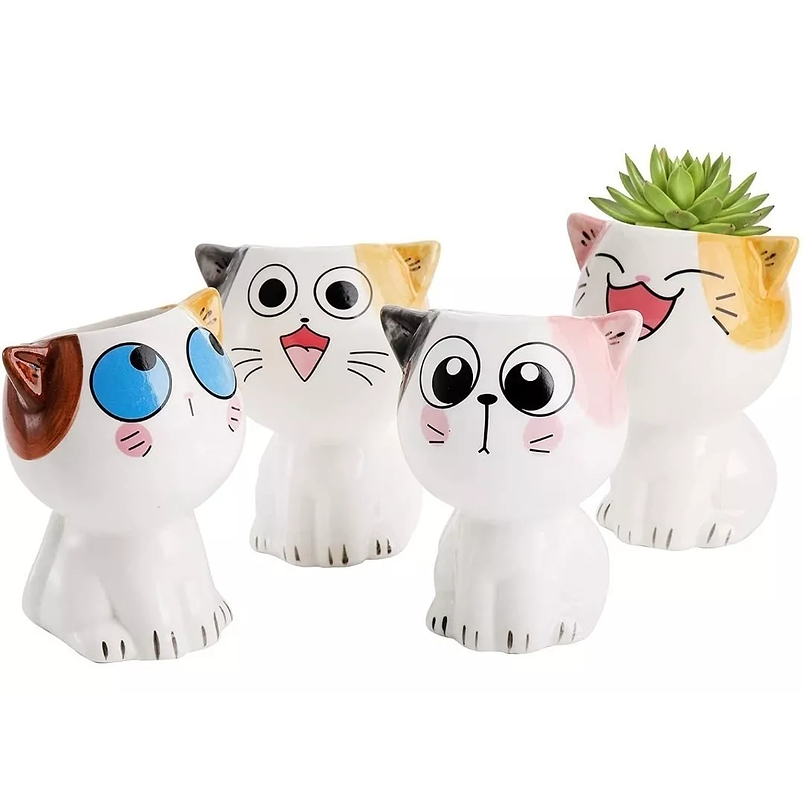 Juego Macetas En Cerámica Premium Diseño Cute Cats x4 Unid Blanco 3