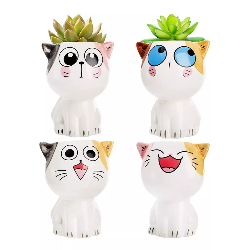 Juego Macetas En Cerámica Premium Diseño Cute Cats x4 Unid Blanco 1