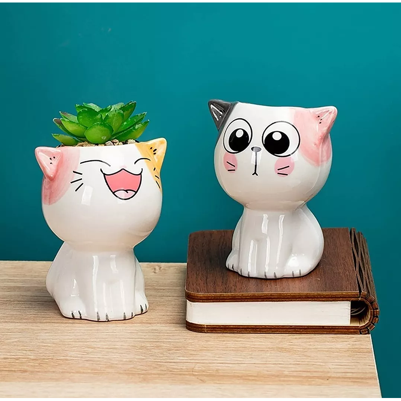 Juego Macetas En Cerámica Premium Diseño Cute Cats x4 Unid Blanco 6
