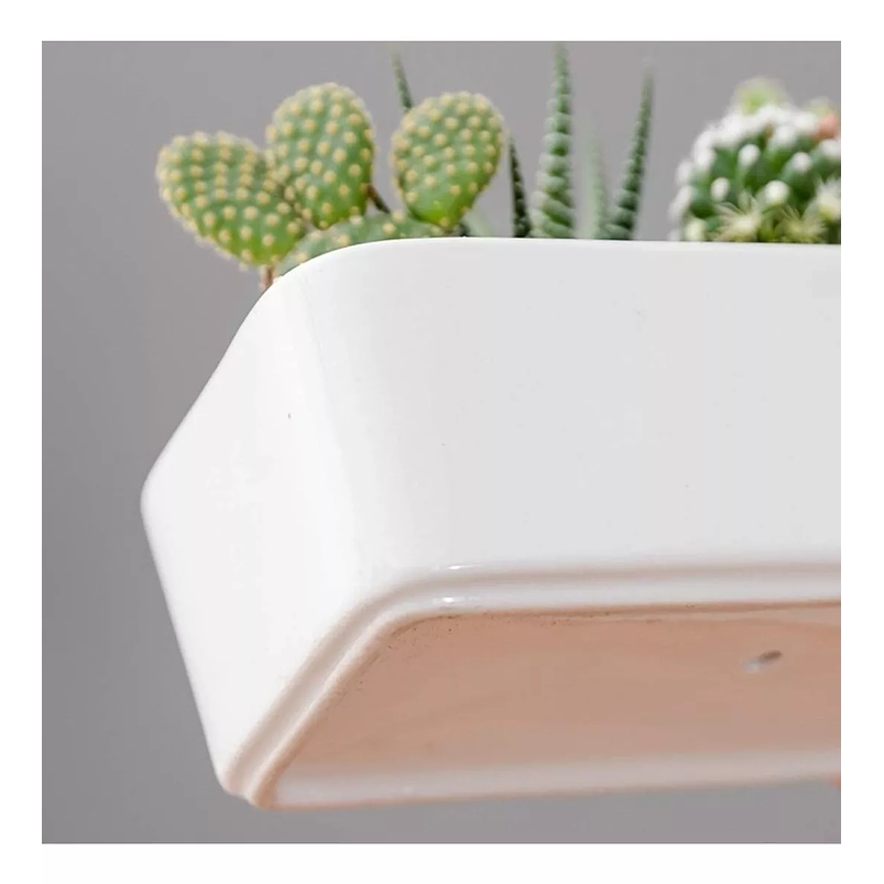 Maceta Cerámica Rectangular Blanca más plato en Bambu 16cm Largo 1