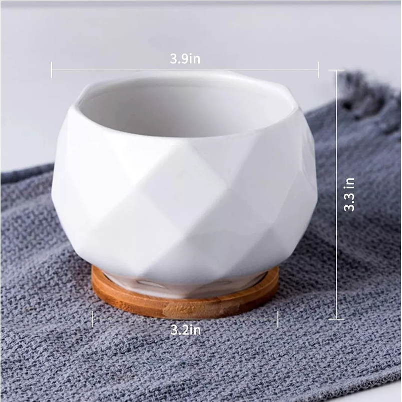 Maceta Ceramica 10cm Diam x8cm Alto más plato En Bambu Premium Rombos Blanco 2