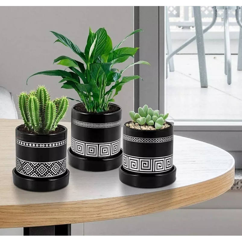 Juego Maceta Cerámica x6 Piezas Diseño Tejido 9cm Alto x 8cm Negro Plata 3
