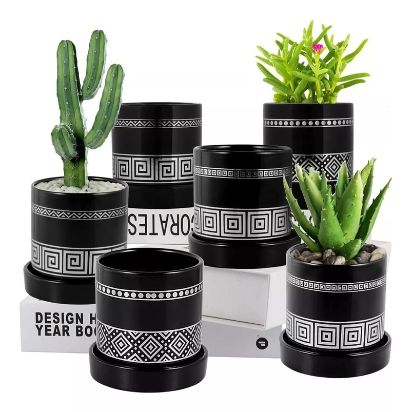 Juego Maceta Cerámica x6 Piezas Diseño Tejido 9cm Alto x 8cm Negro Plata 1
