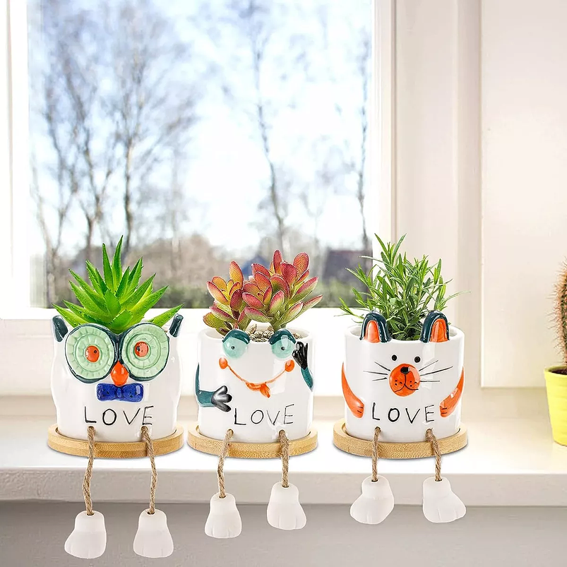 Juego de Macetas Cerámica x3 Unidades Diseño Gatos Cactus y Suculentas 6