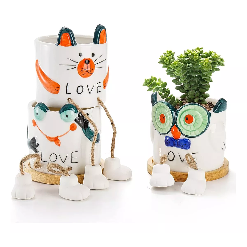 Juego de Macetas Cerámica x3 Unidades Diseño Gatos Cactus y Suculentas 2